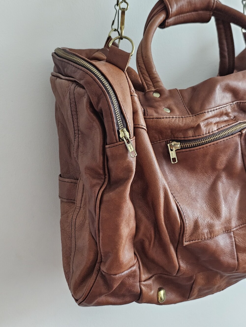 Vintage Genuine Leather Patchwork Weekender Duffel Travel Bag Cognac Brown Large - Picture 13 of 15
